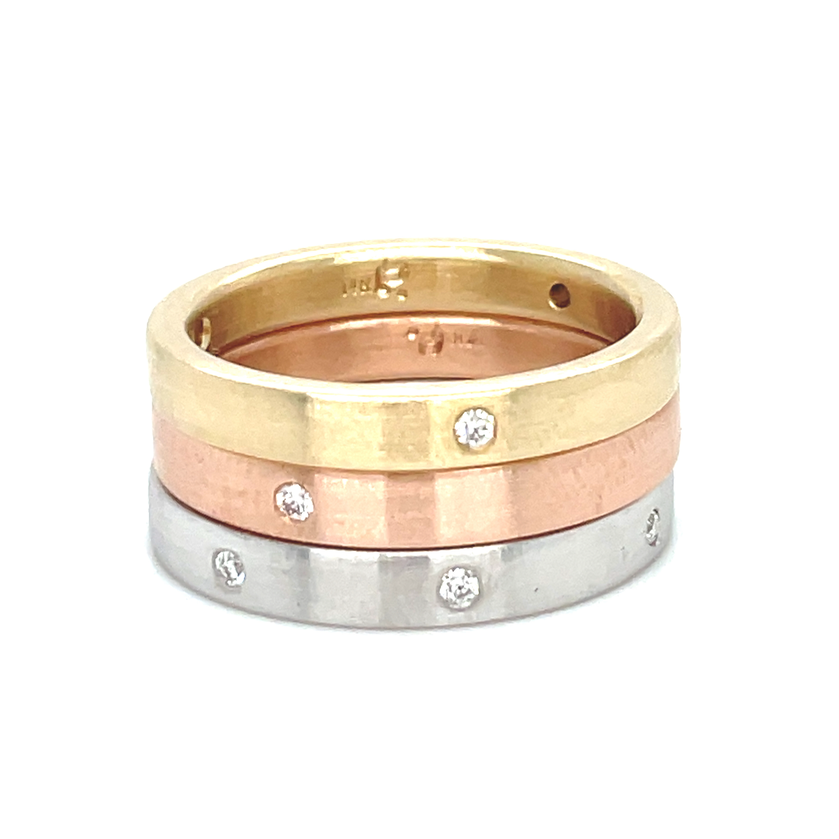 Handmade 14k Rose, Yellow & White & Diamond Stacking Ring Set