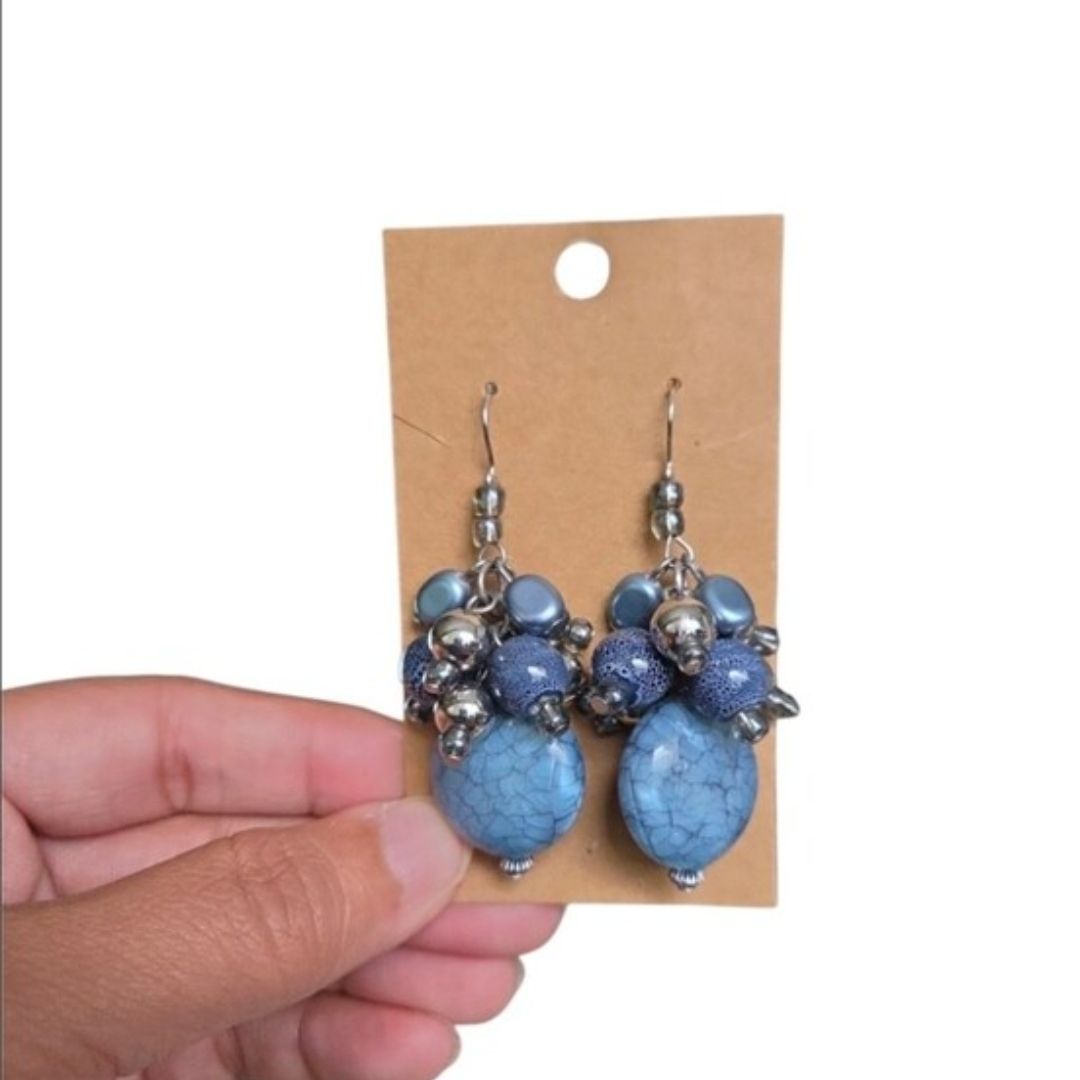 Vintage Silver Toned Blue Cluster Drop Earrings 2.5"