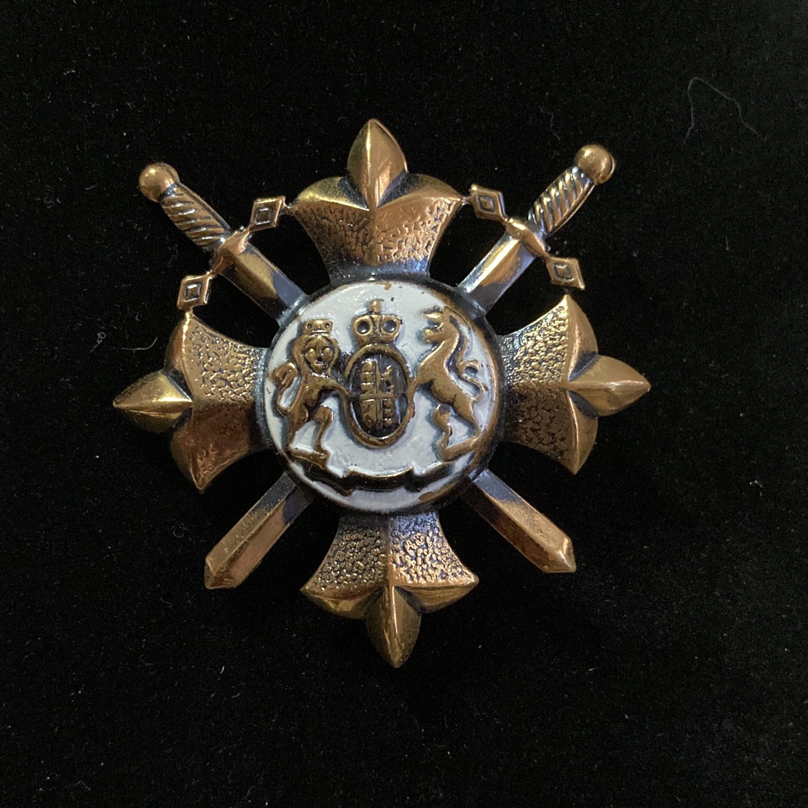 Mid-century White Heraldic Brooch with Lion, Dragon & Swords Vintage