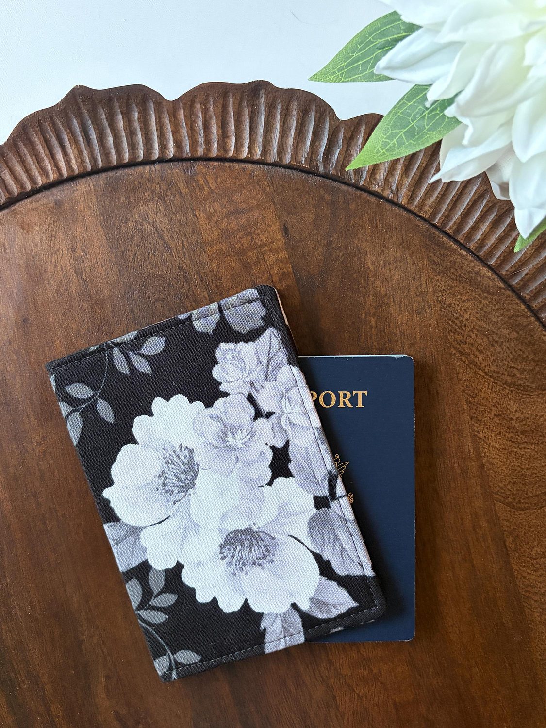 Passport Cover – Black & White Blooms – handmade passport cover