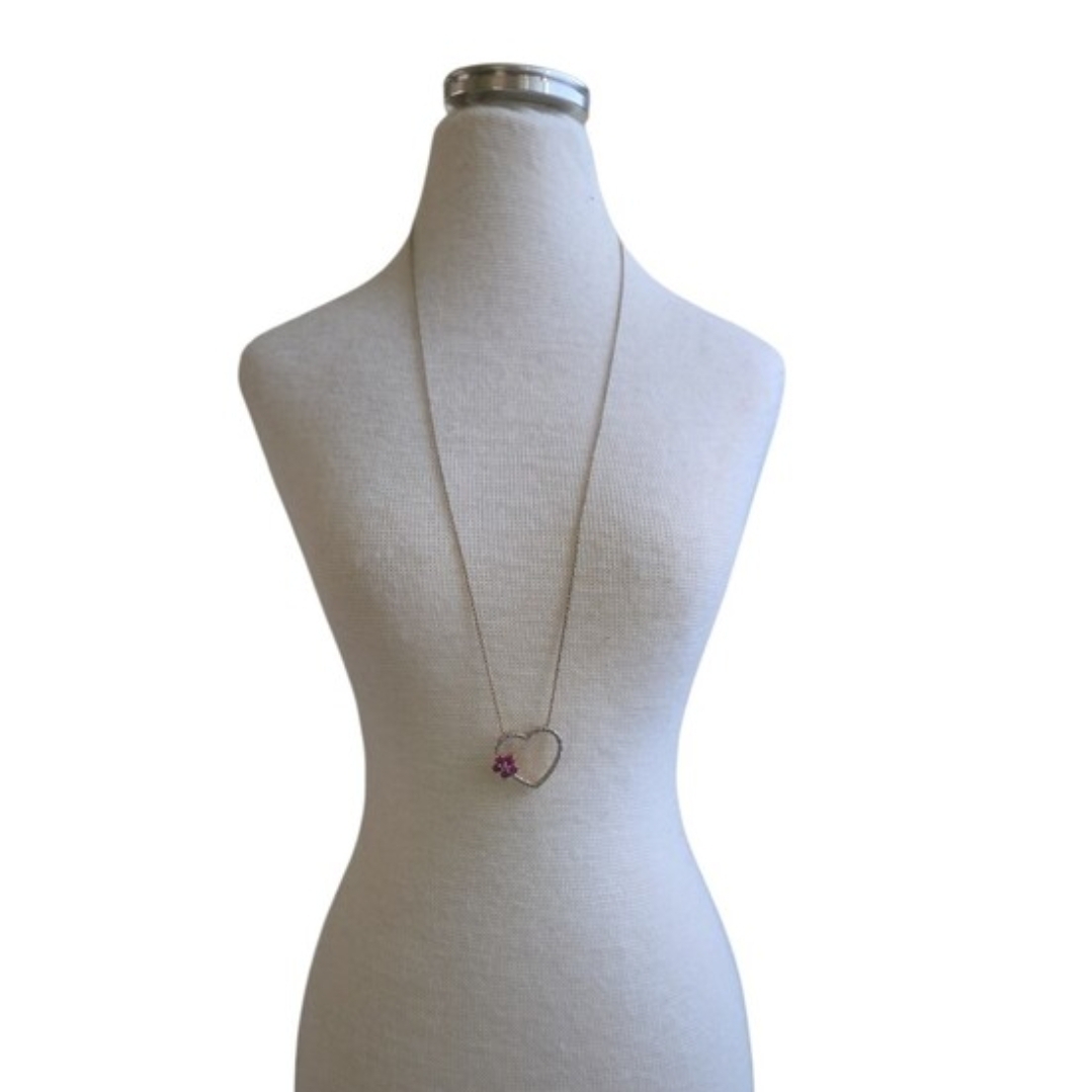 Vintage 925 Italy Gold Delicate Heart Pendant Necklace with Pink Flower 19"