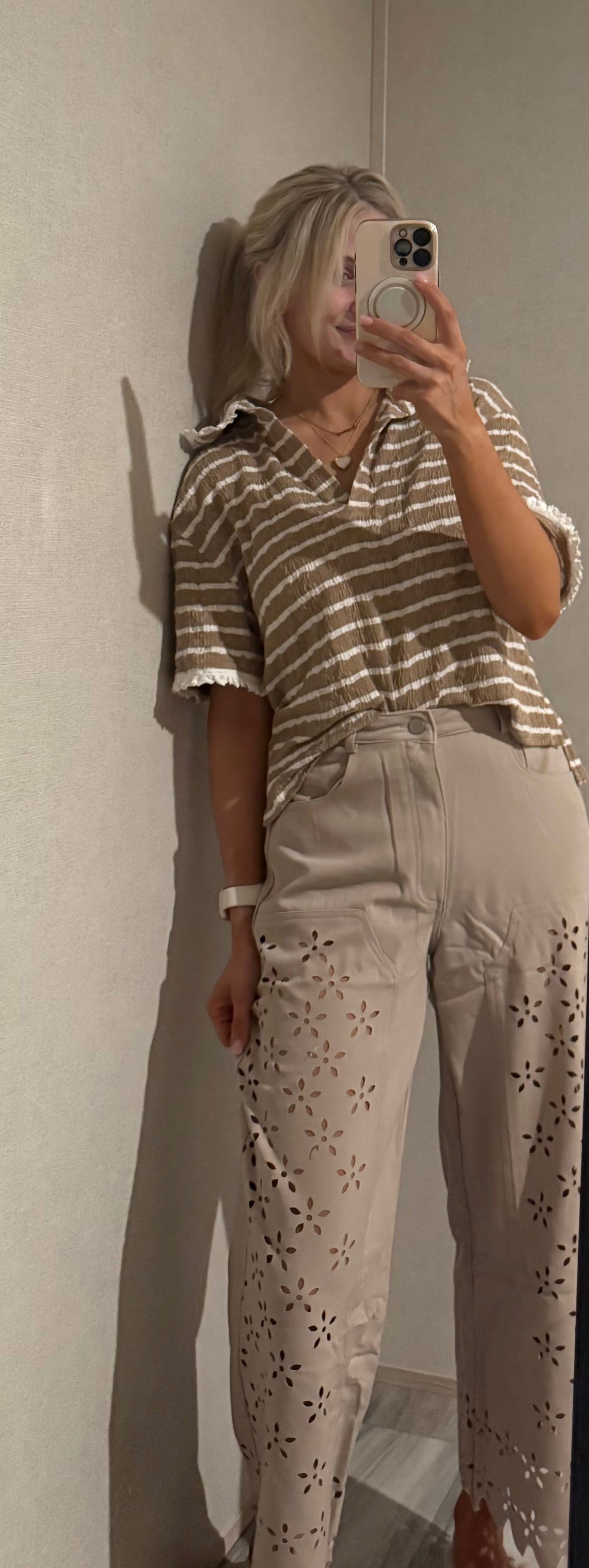 Tan Flower Cutout Pants