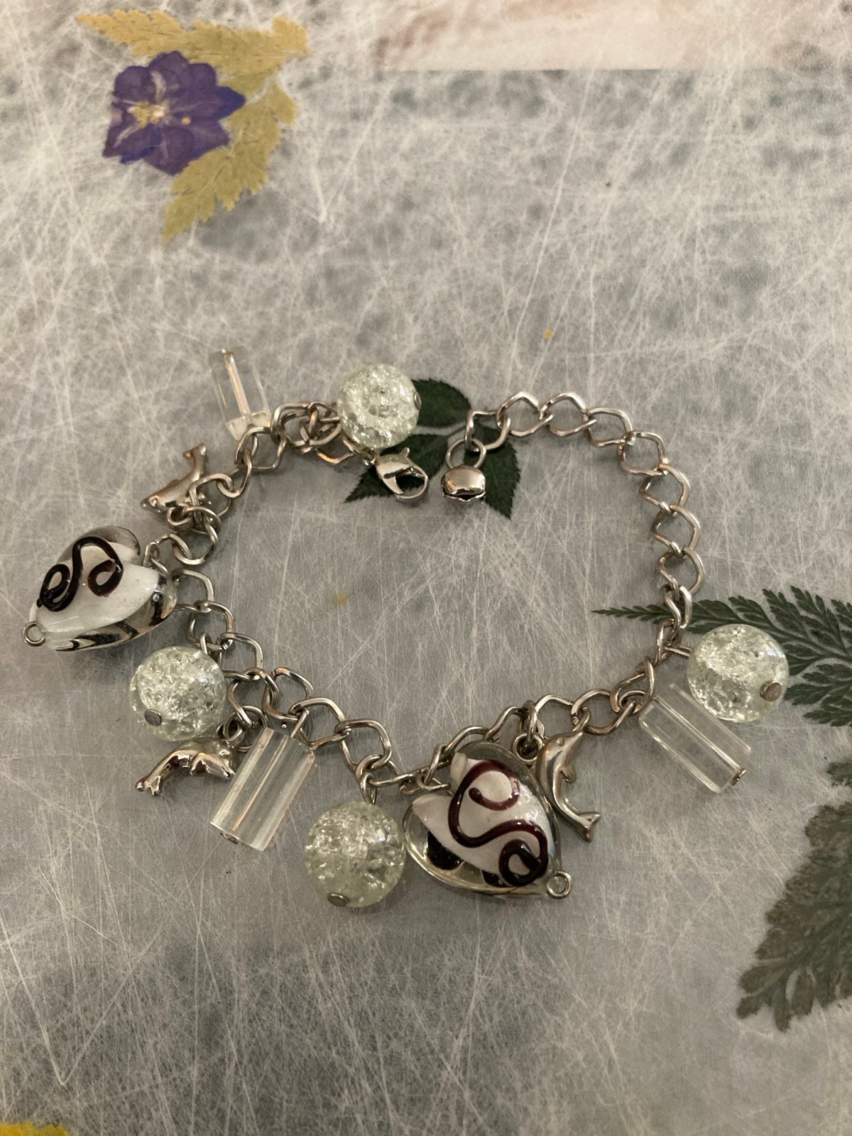 Glass Beads Round Long Silver Dolphins Charm Bracelet