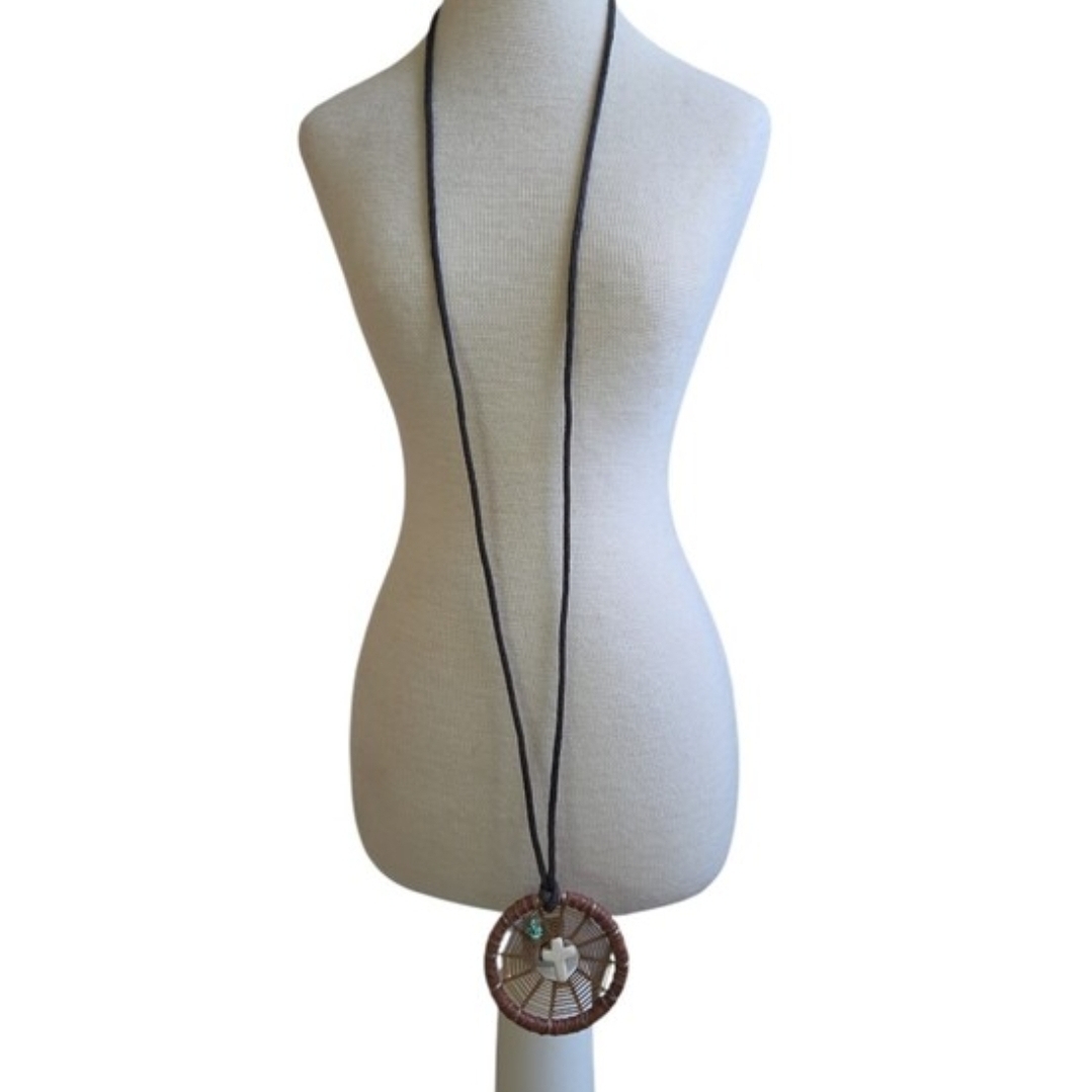 Brown Woven Circle Cross Pendant Turquoise Necklace 36"