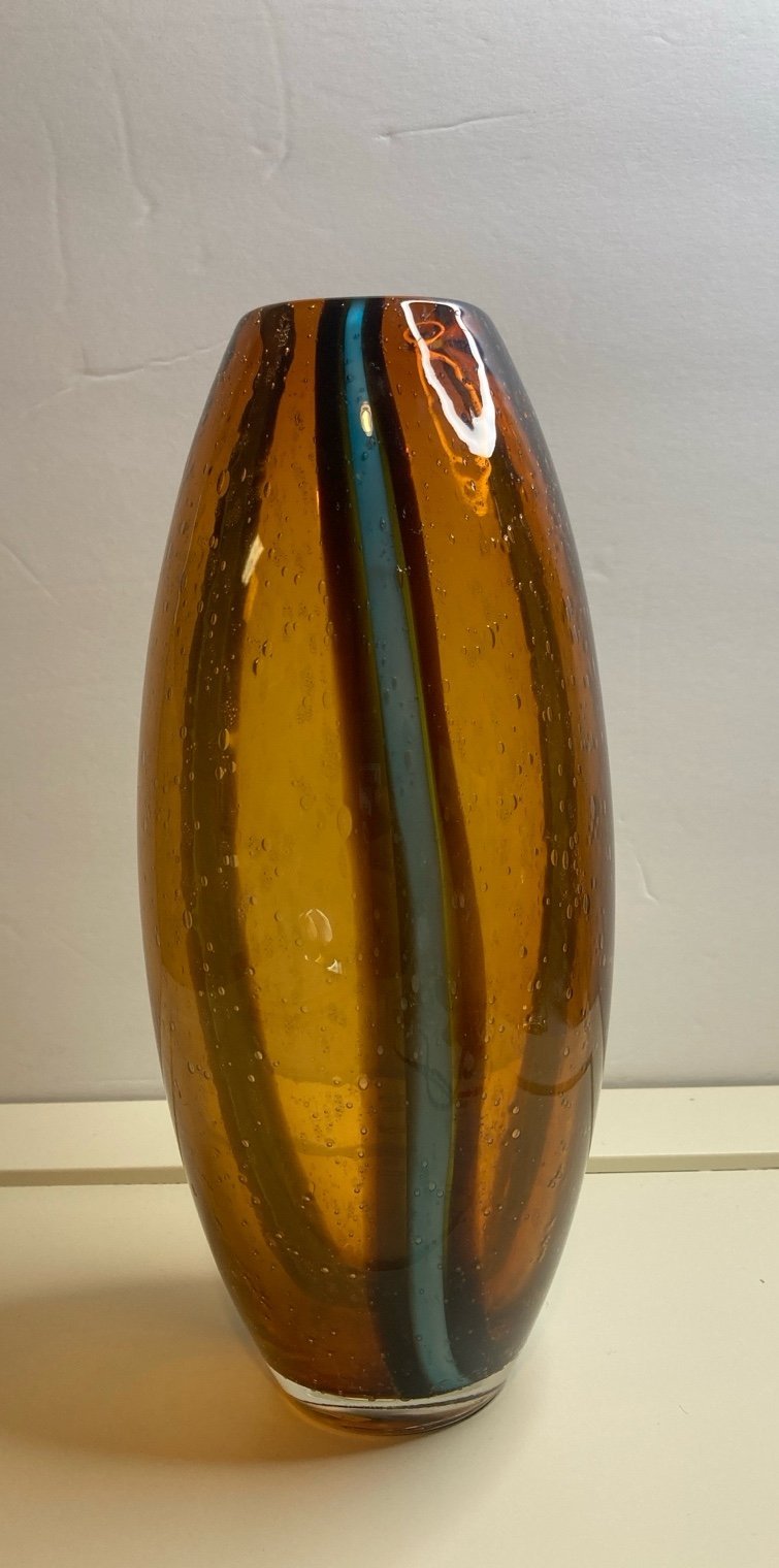 VTG Vase Art Bubble Glass Amber/blue Striped 10β