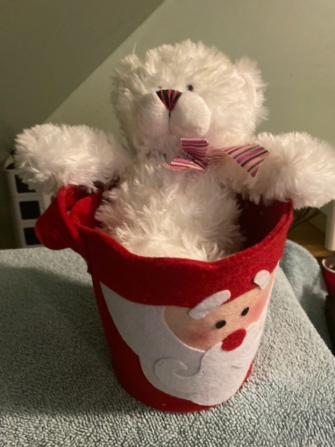 White Ganz Teddy Bear with pink striped nose and scarf 9"x 6" in Felt Santa Bucket