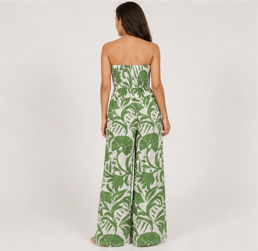 Women Strapless Tropical Print Wide Leg Jumpsuit Summer