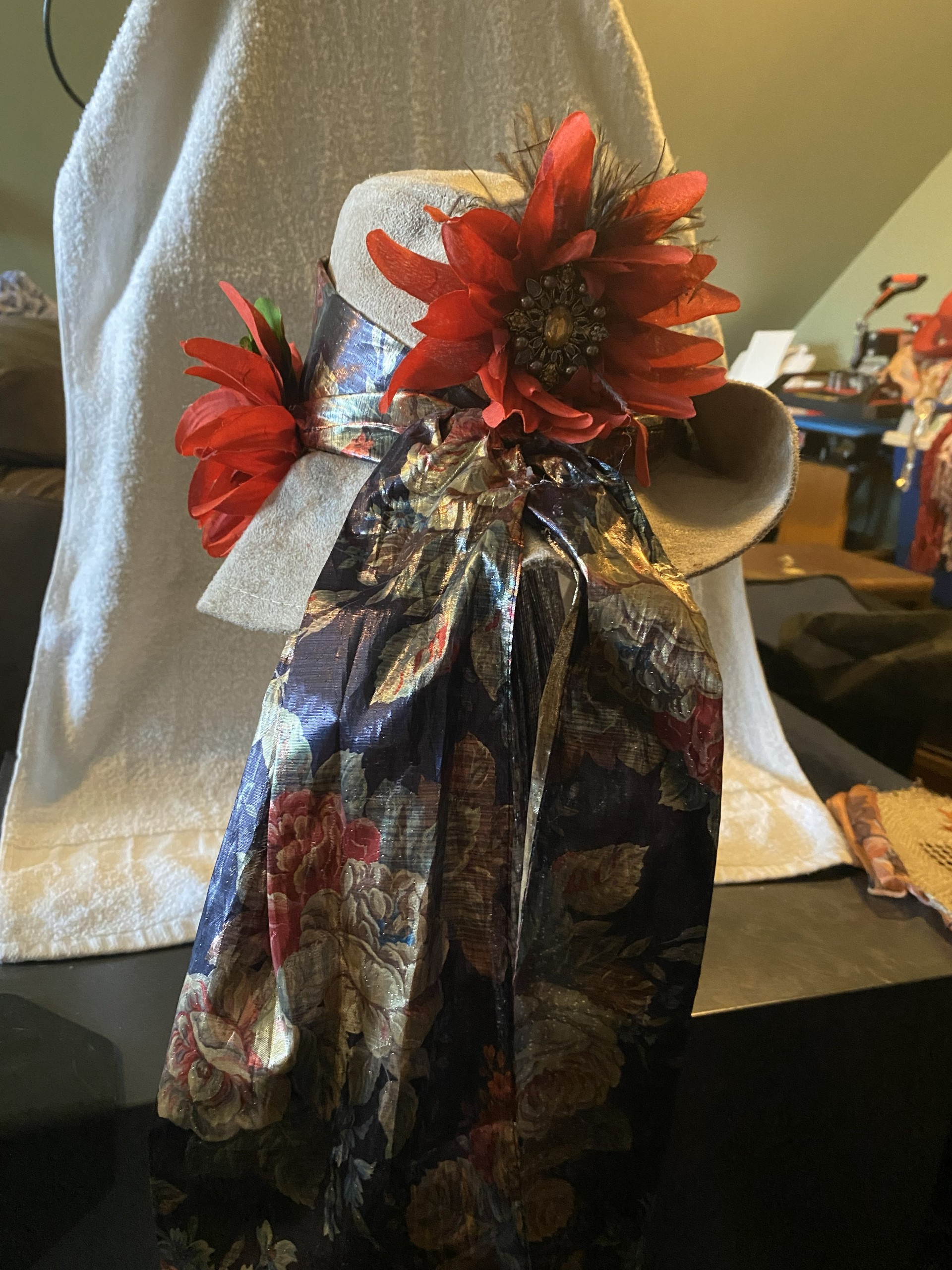 Red Sunflower Tan Straw Bonnet with Designer Scarf