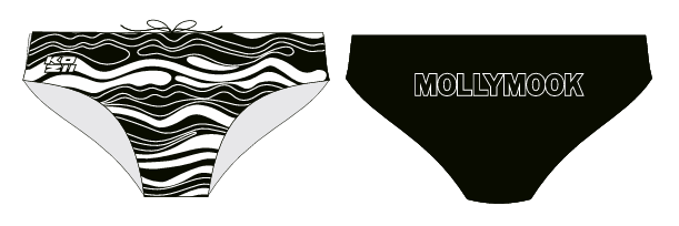 Front and back views of black-and-white wave-pattern Mollymook racer swimwear.