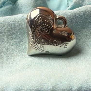 Large Silver Puffy Heart Charm with Rose and LOVE Engraving
