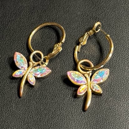 Butterfly Iridescent Dangling Gold tone pierced Earrings