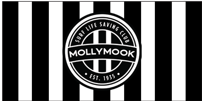 Flat black-and-white large-stripe sand-free beach towel with a large circular Mollymook club logo.