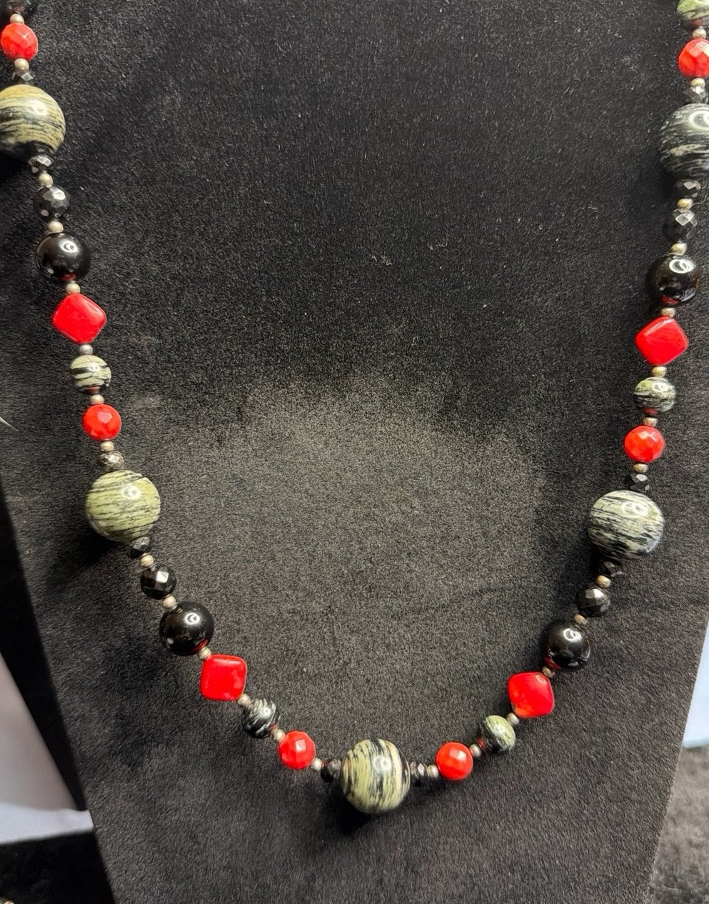 DTR JAY KING STERLING SILVER ZEBRA JASPER CORAL ONYX BEAD NECKLACE 28" RED BLACK