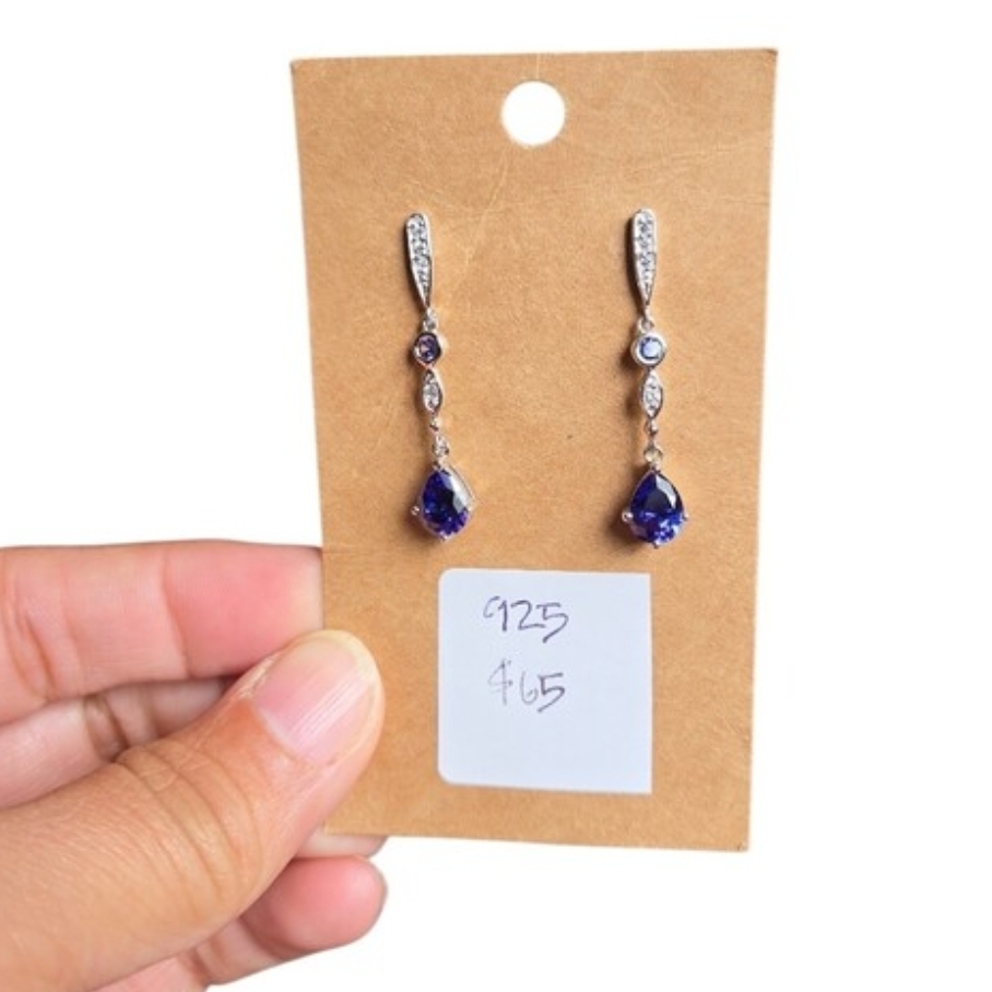 925 China Sterling Silver Dangle Earrings with Deep Blue Teardrop Gemstones 1.5"