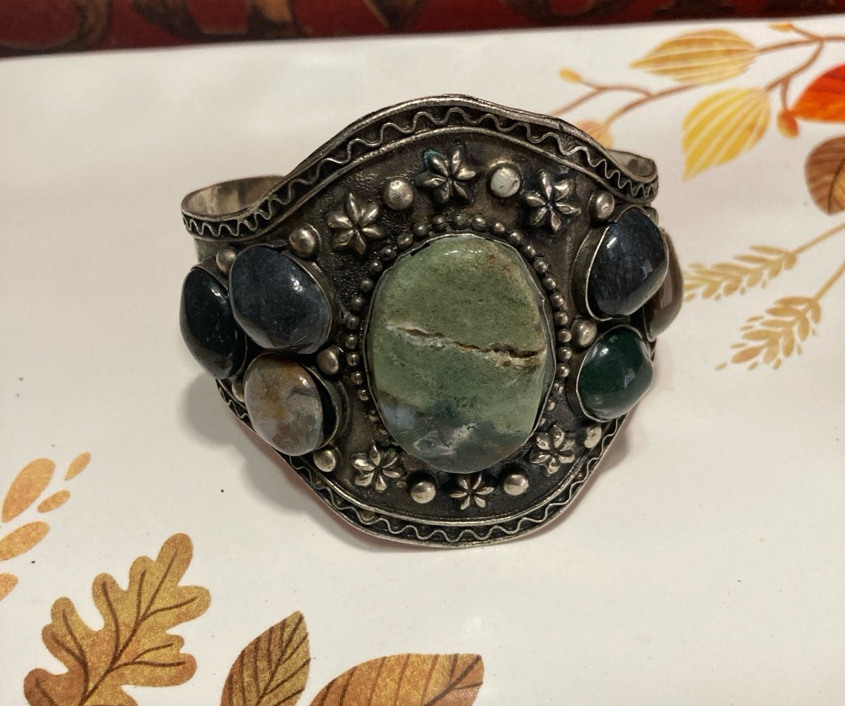 Vintage Silver Tone Colorful Stone Cuff Bracelet