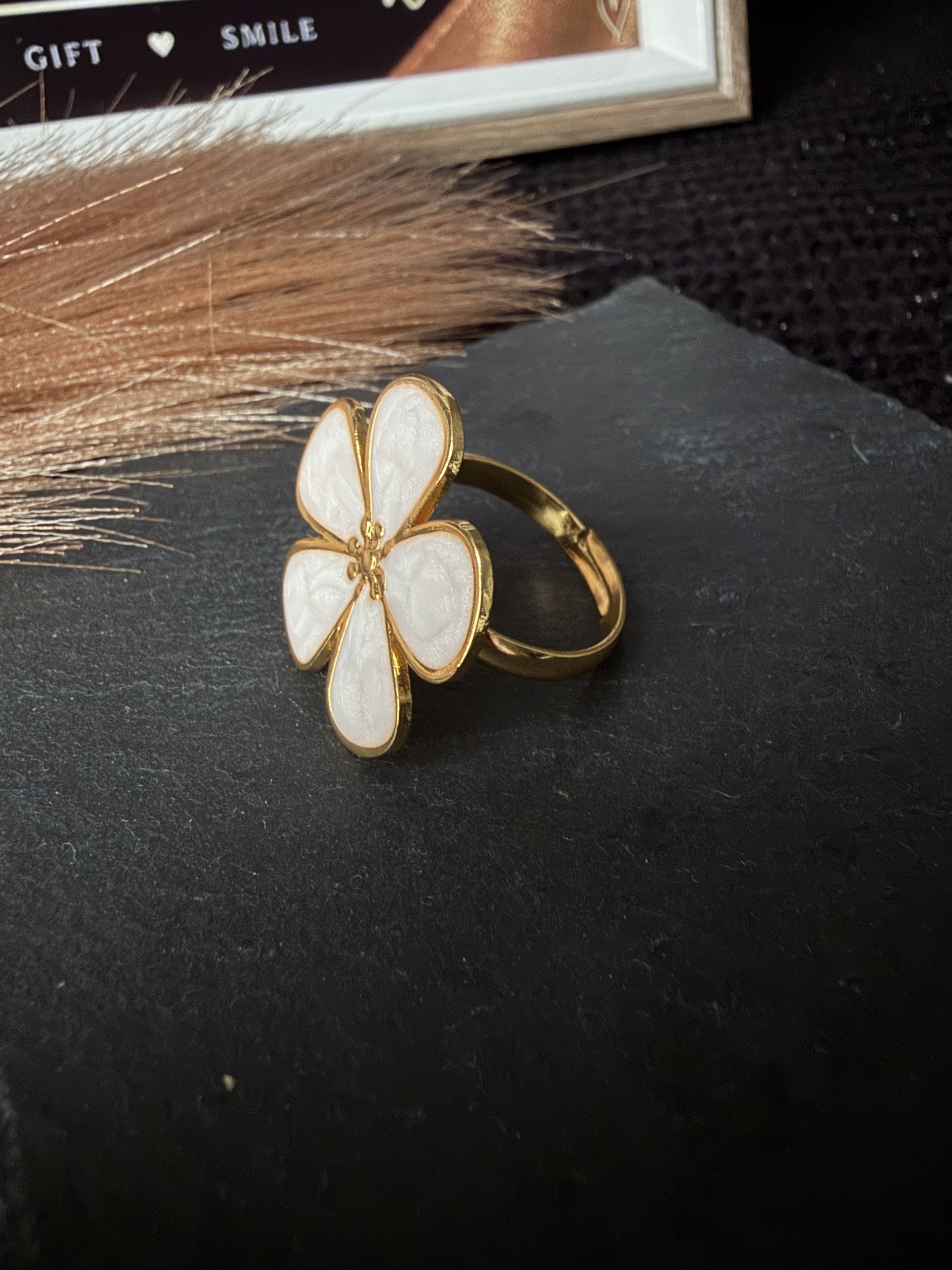 18K Gold Plated 304 Stainless Steel White Enamel Flower Adjustable Ring