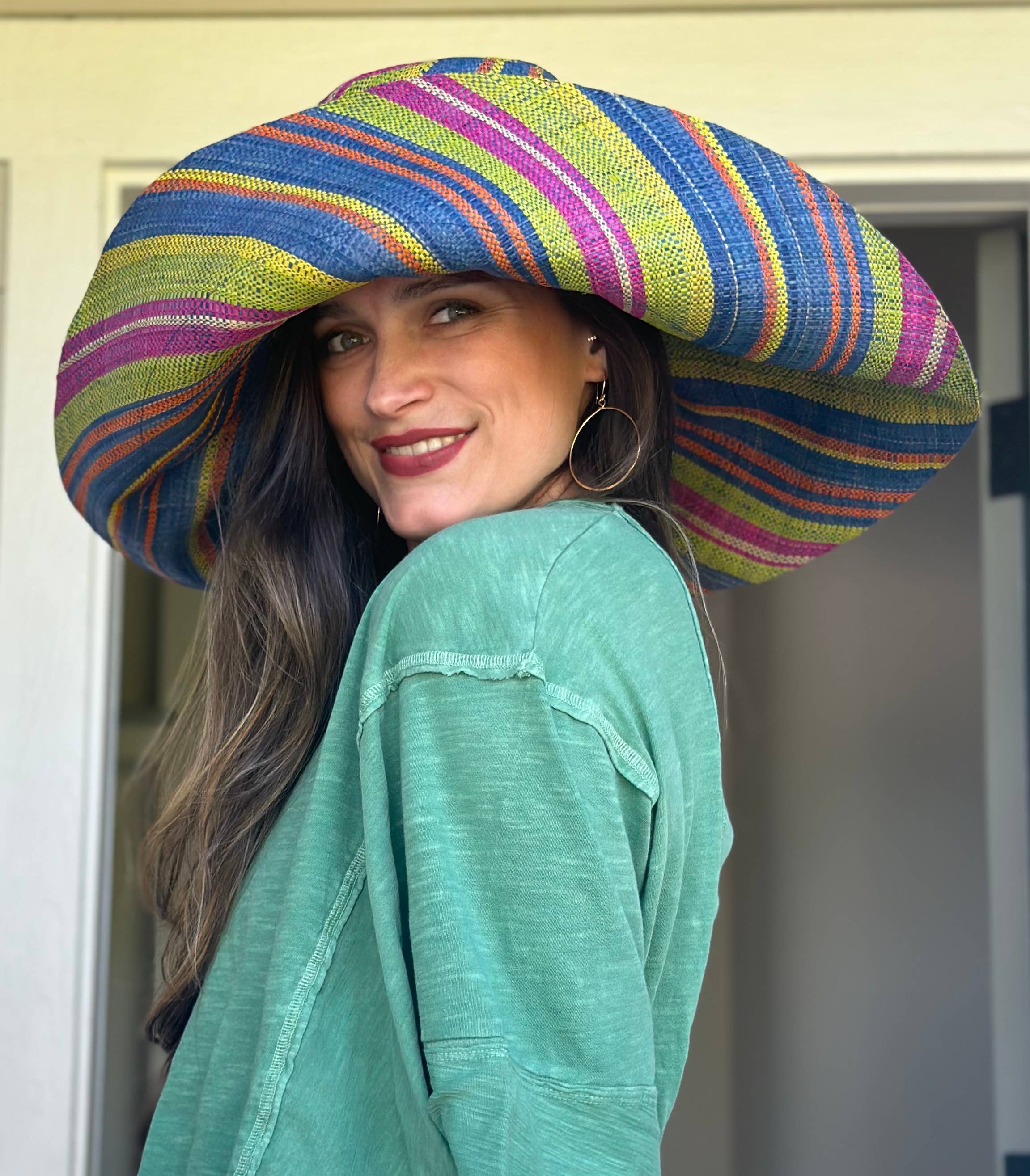 5" & 7" Wide Brim Multicolor Stripe Packable Straw Sun Hats