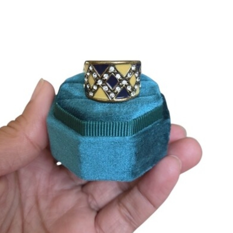 Size 8 Gold Toned Statement Band Ring with Yellow and Black Enamel Clear Stones