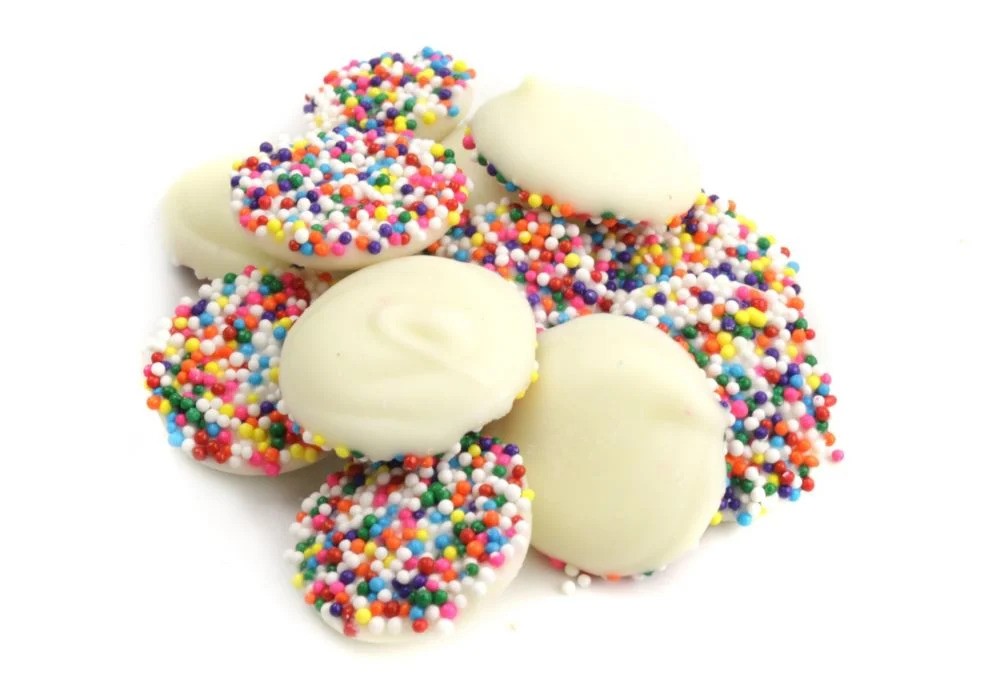 Ashers White Chocolate Nonpareils with Rainbow Seed 8 Pound Box Bulk
