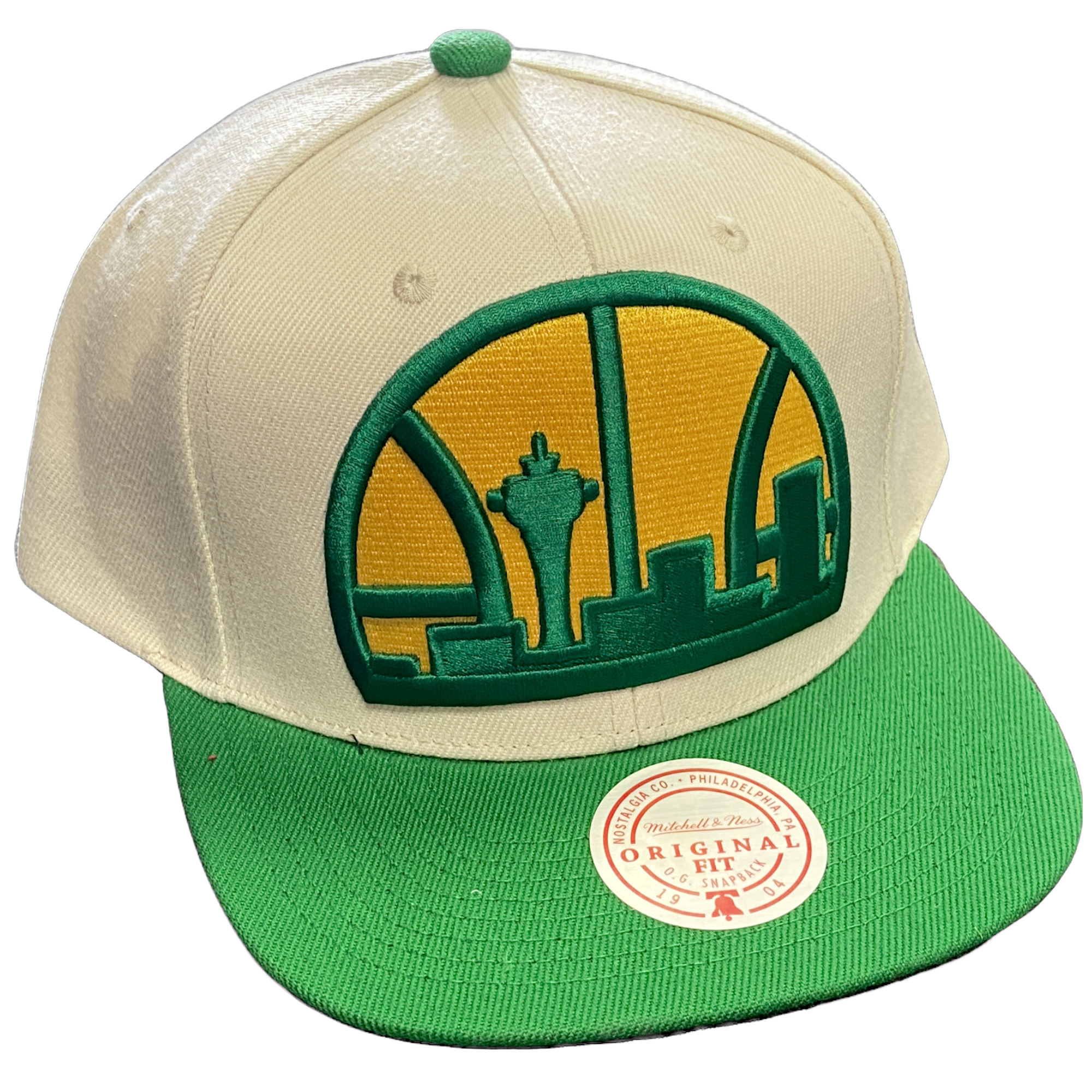 Seattle Supersonics Oversized Logo Mitchell and Ness Snapback Hat - Cream/Green