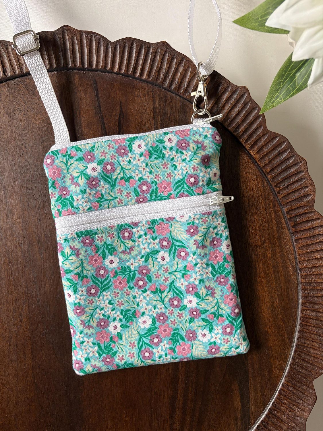 Small Crossbody Bag – Teal & Purple Flowers – handmade crossbody bag
