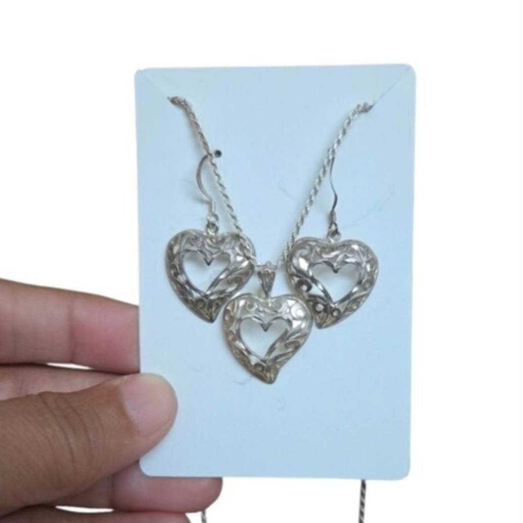 Vintage 925 Italy Silver Heart Filigree Necklace & Earring Set