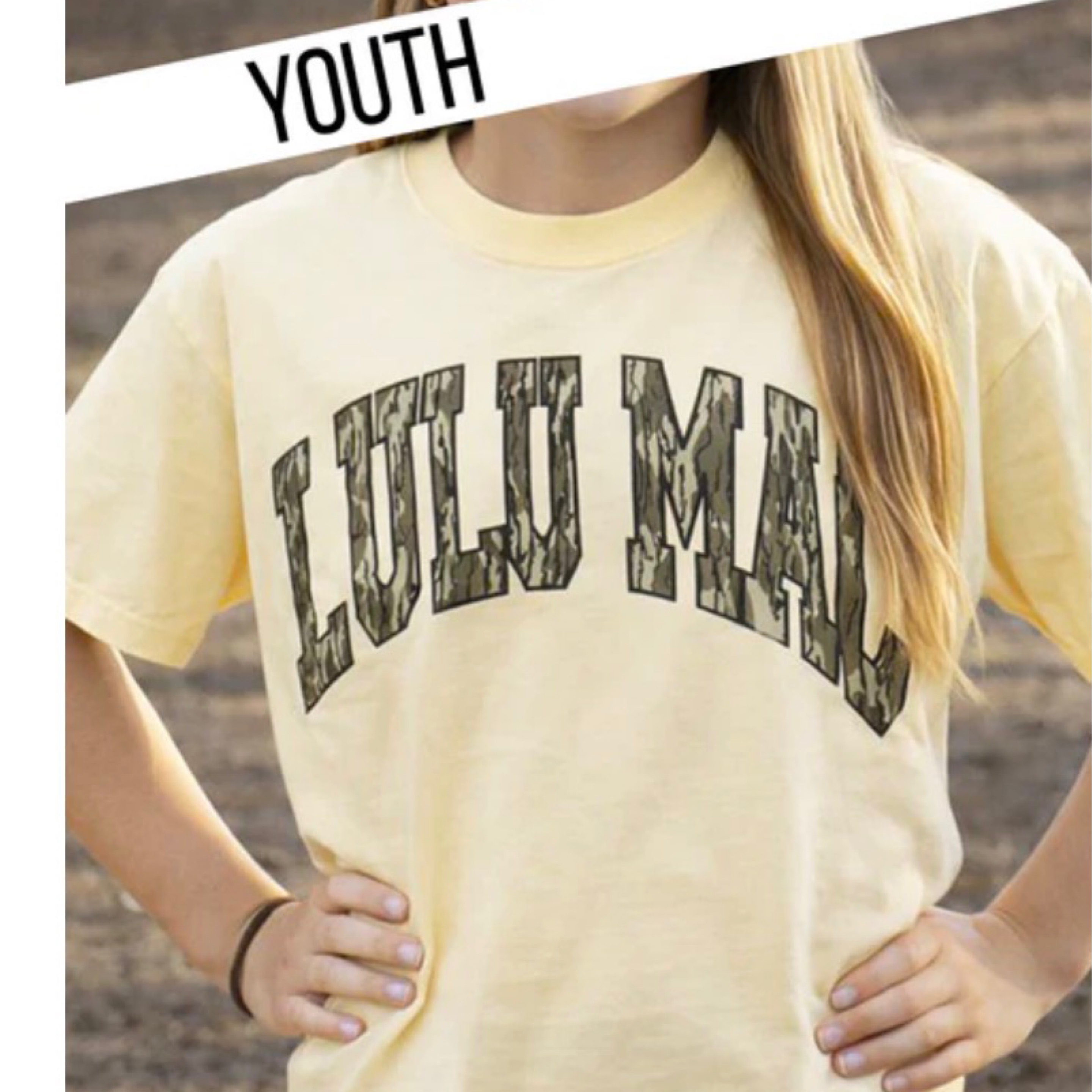 LuluMac kids camo T-shirt butter — Bama Tan boutique, Tuscaloosa AL