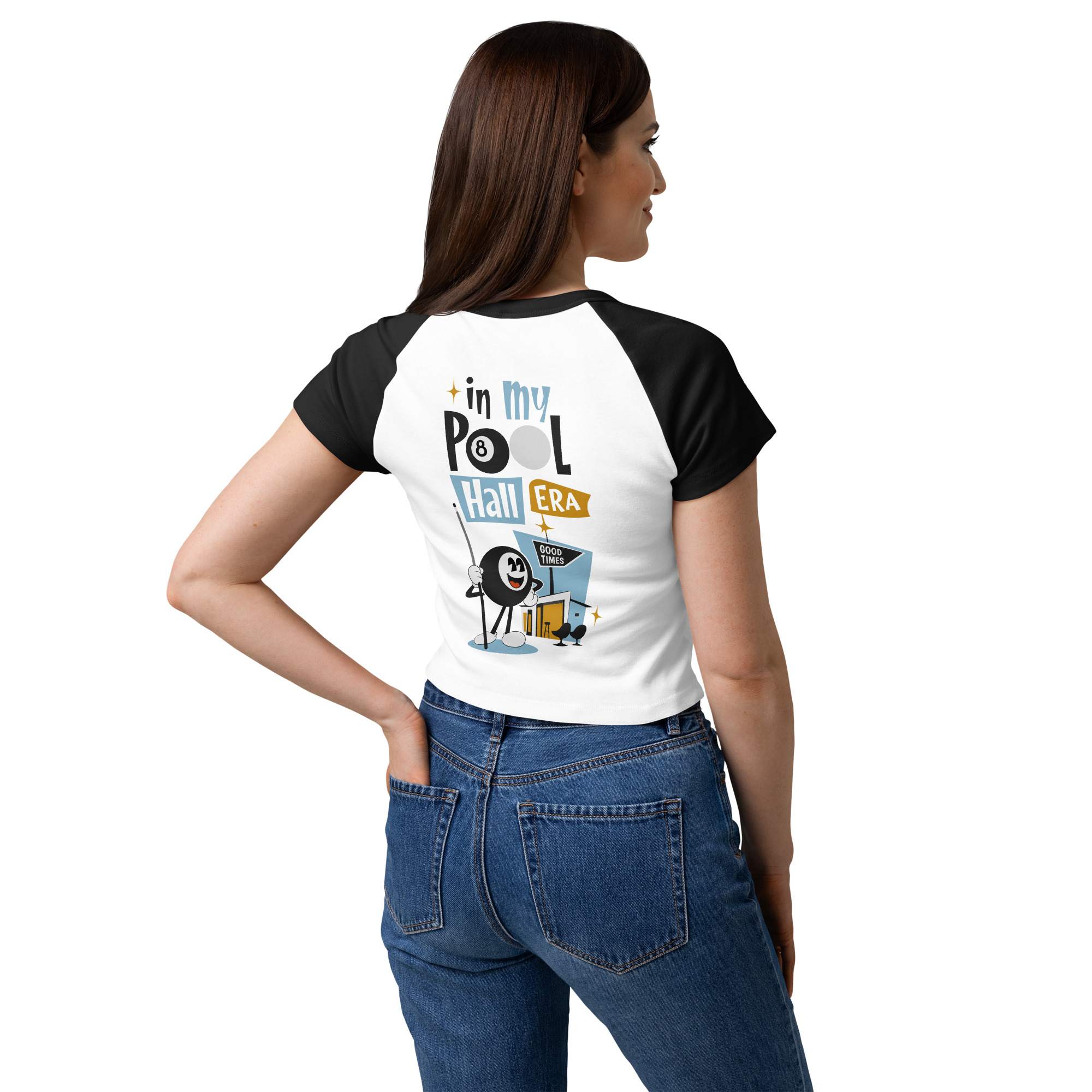 In My Pool Hall Era Women’s Baby Tee – Retro Billiards Graphic Shirt | Good Times Billiards | Bella + Canvas 1201 — product