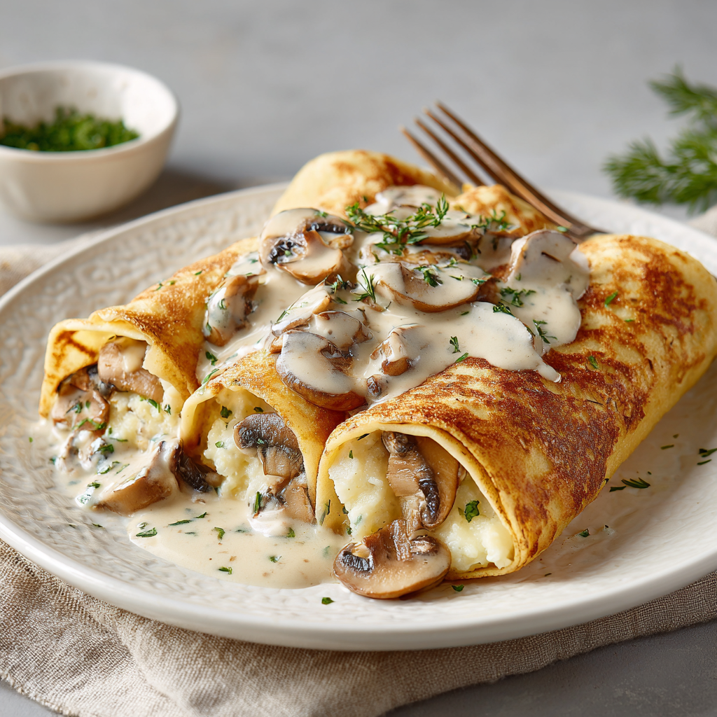Blintzes with Potato and Creamy Mushroom Sauce
