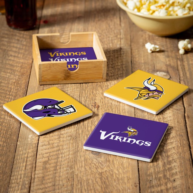 Minnesota Vikings 4 Piece Coaster Set with Wood Caddy