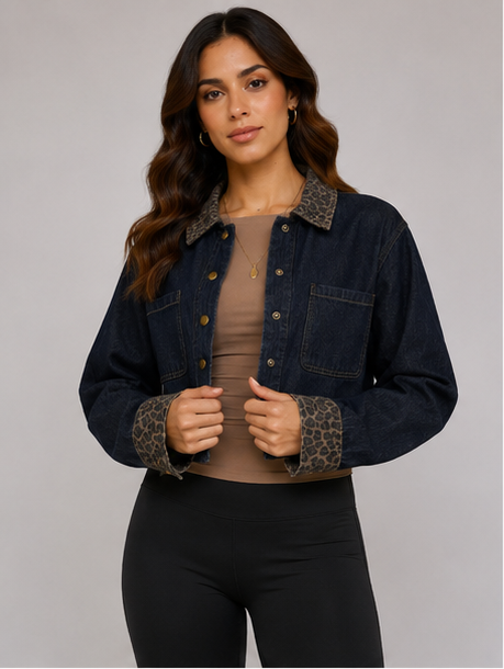 Leopard Collar Cropped Denim Shacket
