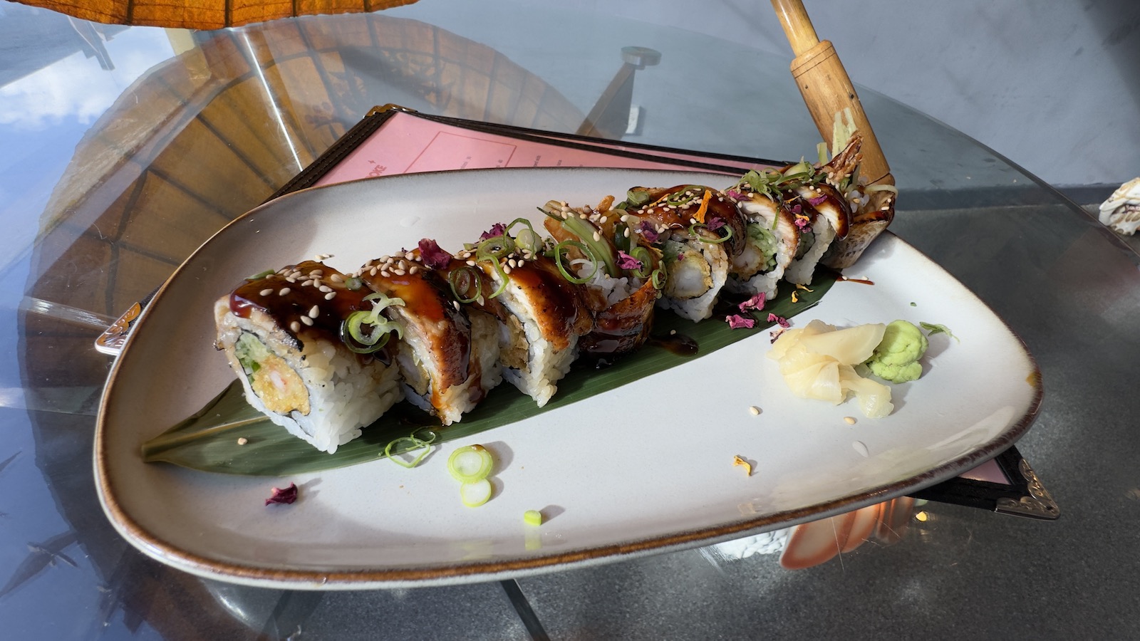 Unagi Roll - Crispy prawns and cucumber, topped with grilled ee