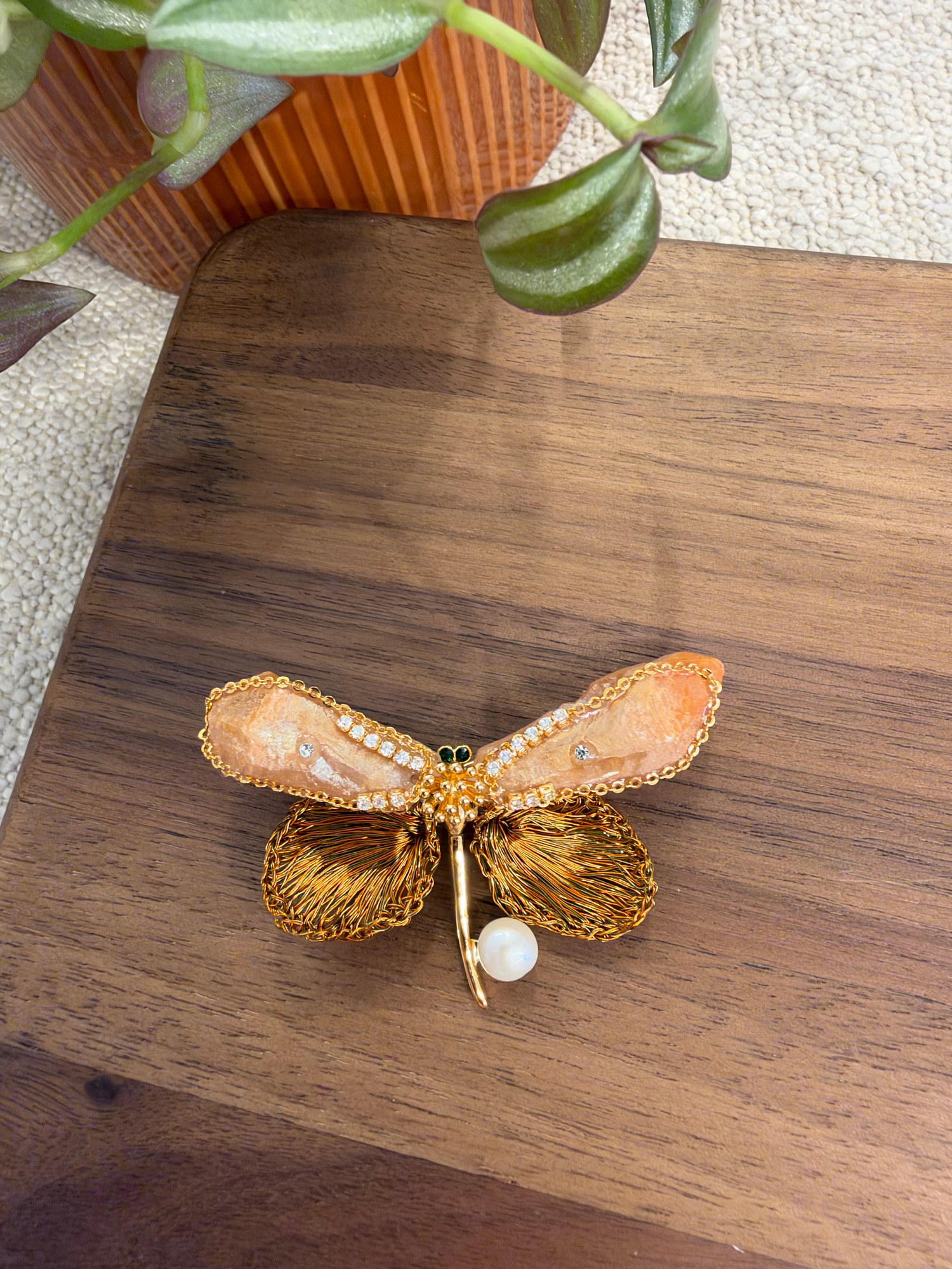 Handcrafted Copper Wire & Natural Crystal Brooch