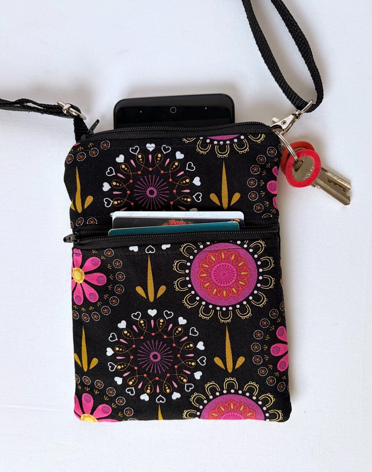Small Crossbody Bag – Folk Floral on Black, photo 2 of 8