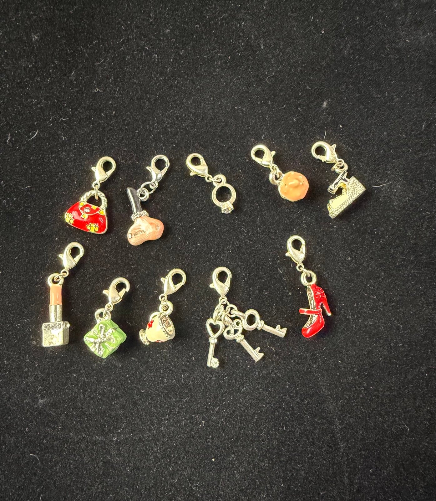 Set of 10 cute charms: handbag, lipstick, ring, shoe, gift, cupcake, keys, heels