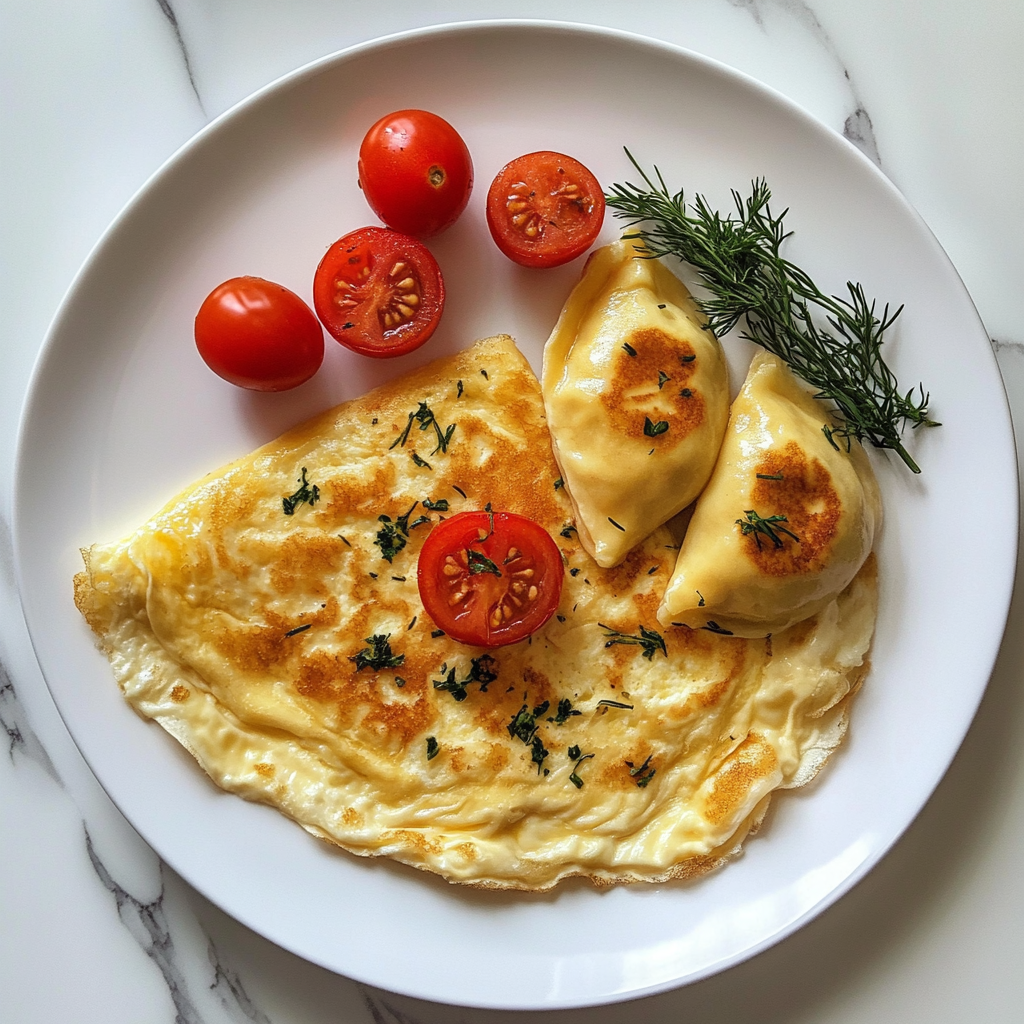 ♨️ Omelette with cheese,fresh cherry tomatoes and pierogies