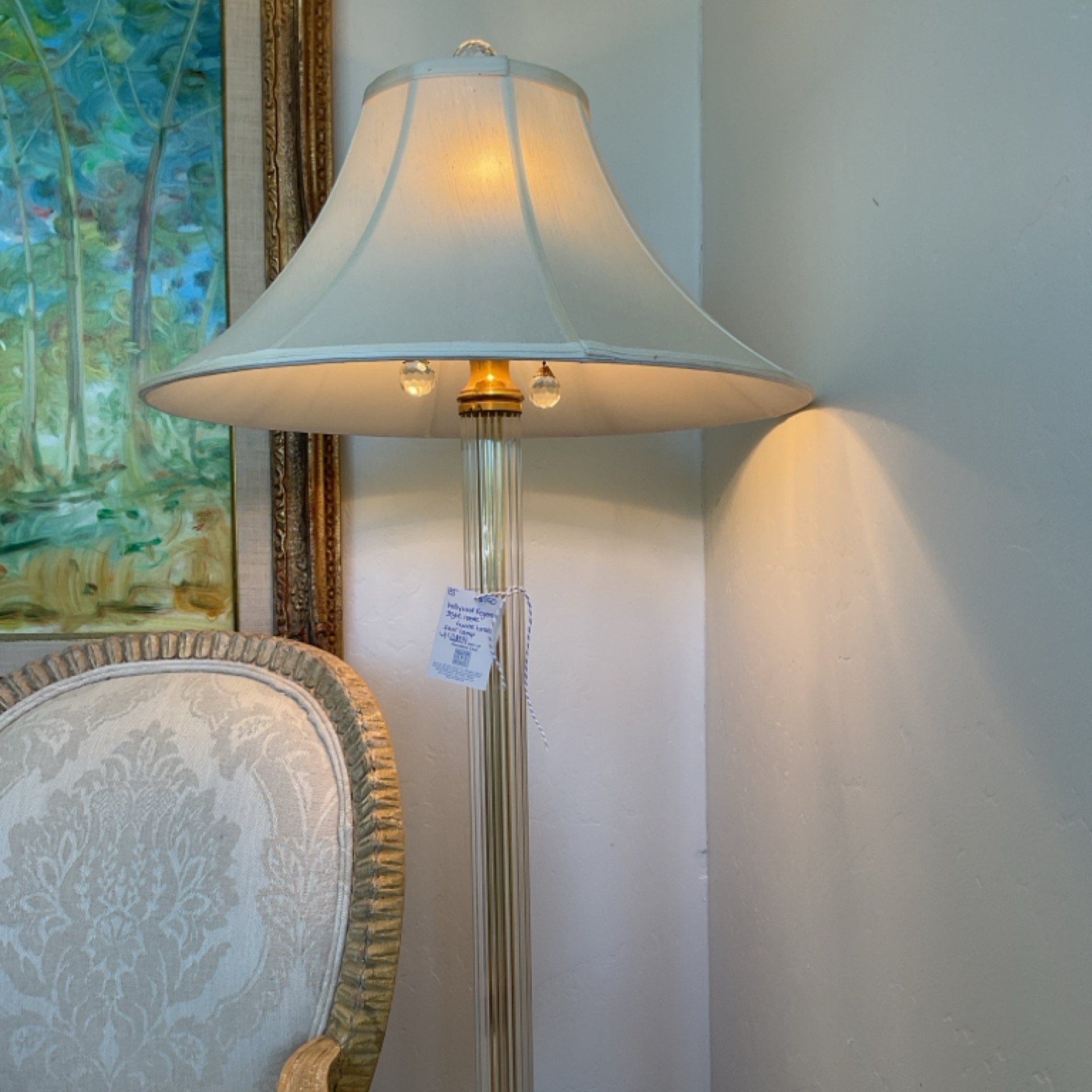 Hollywood Regency style Reede lucite brass floor lamp with Crystal