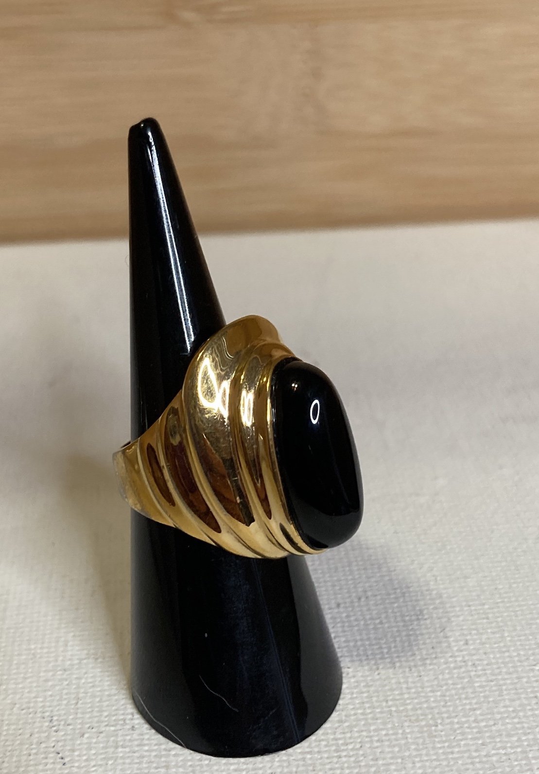 Onyx and 18K Gold Electroplated Cocktail Ring Mid Century Modernist Revival