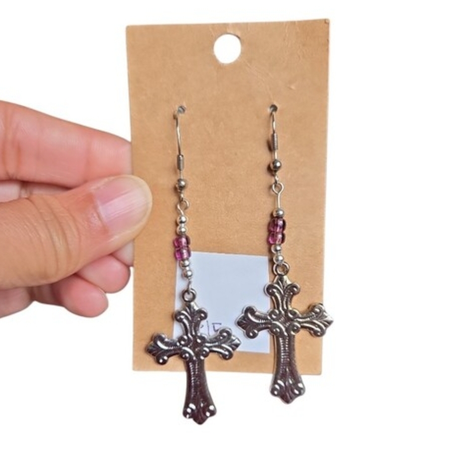 Silver Toned Cross Dangle Earrings with Purple Beads 3"