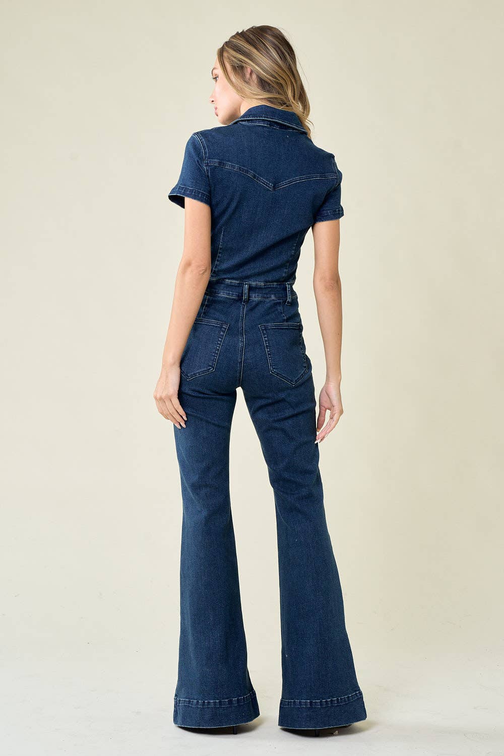 SS23 PREORDER BELLBOTTOM DENIM JUMPSUIT - W4330RIA: L, DARK DENIM