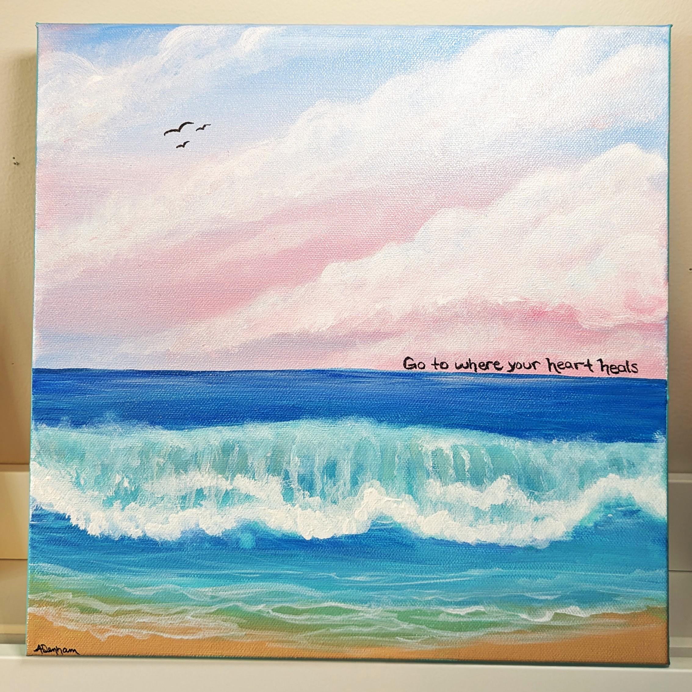Coastal Beach Painting: Pink & Blue Sky Acrylic Artwork