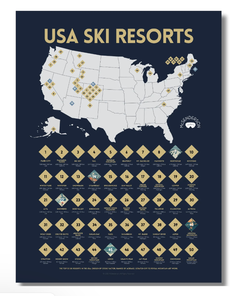 USA Ski Resorts Scratch-off Poster