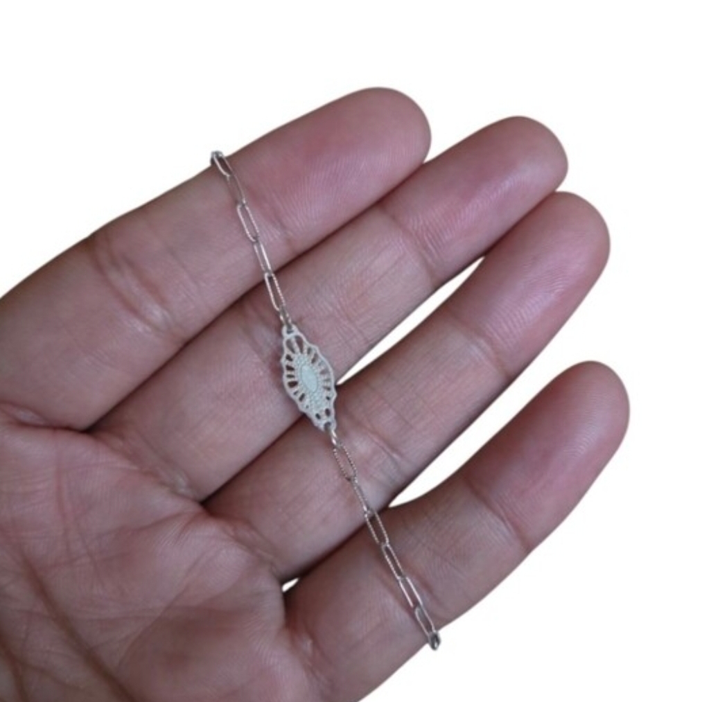 Vintage Delicate Sterling Silver Filigree Link Chain Bracelet
