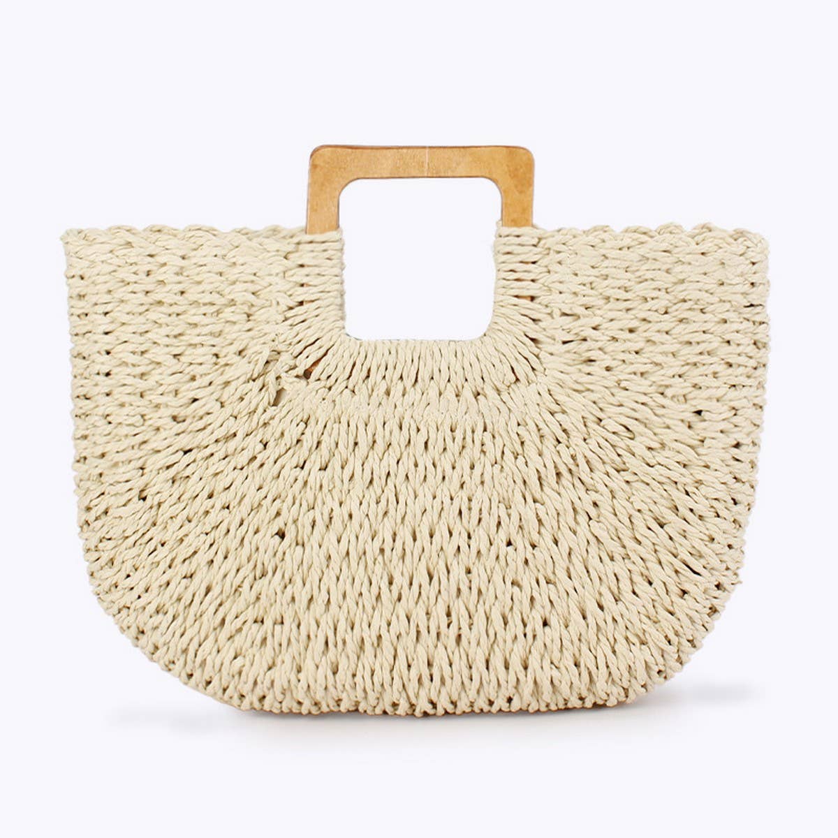 Paper Woven Bag with Wooden Handle - White & Tall Handle, O/S