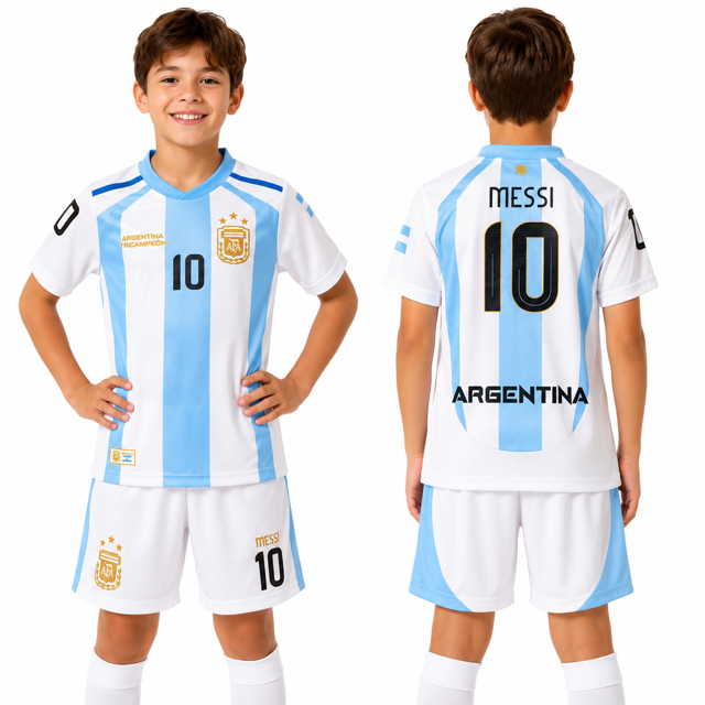 Argentina World Cup Kids Lionel Messi #10 Home Soccer Jersey Kit