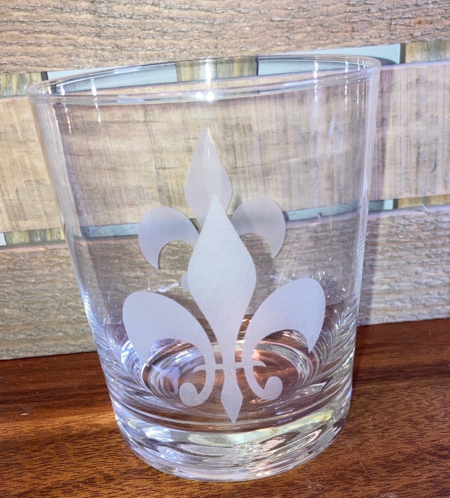 Fleur de Lis Deep Etched Classic Double Old Fashion Glass