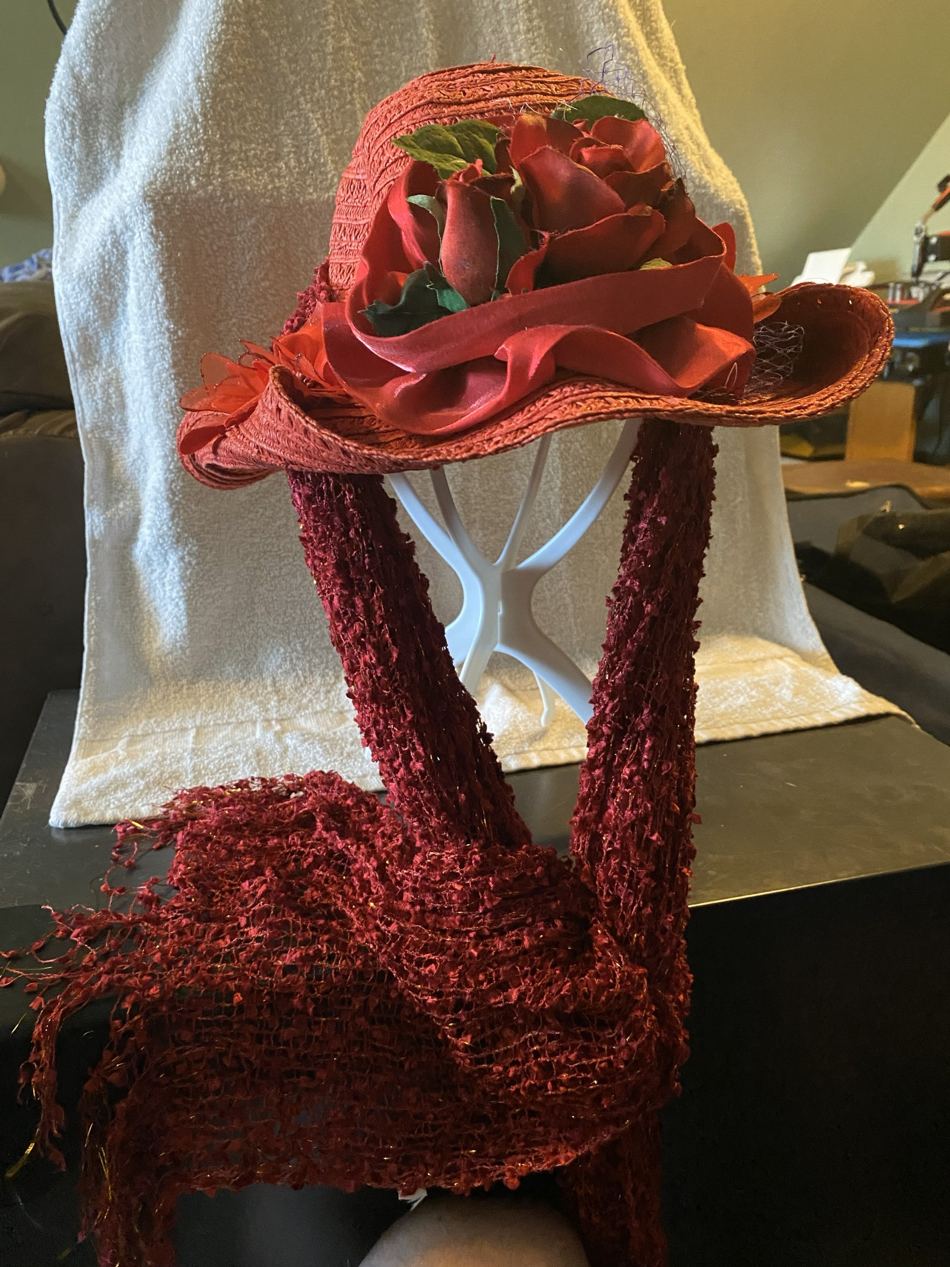 Red Rose Straw Red Bonnet with Red Scarf