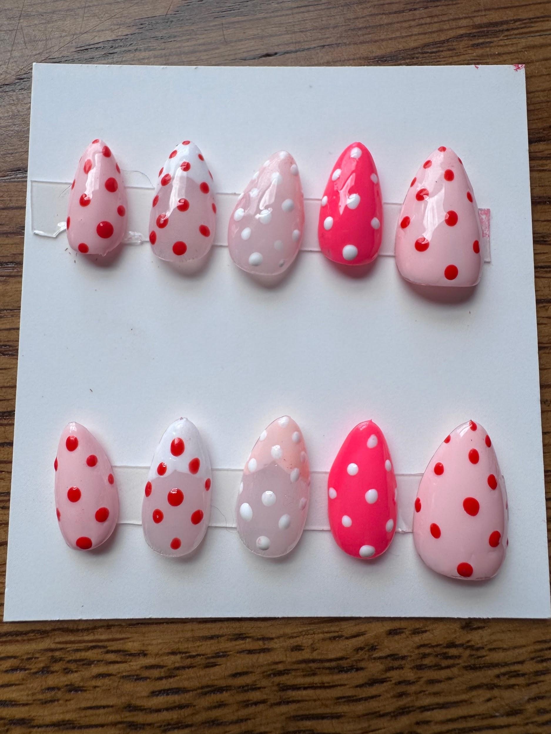 Colorful Pink Polka Dots hand-painted nail set