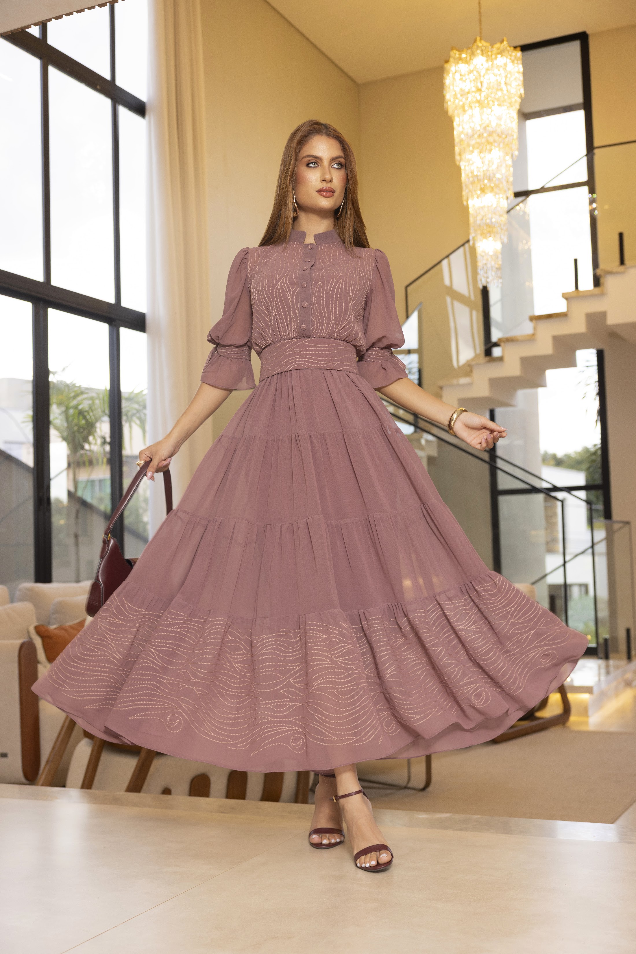 Vestido Midi Chiffon Seda Bordado Rose