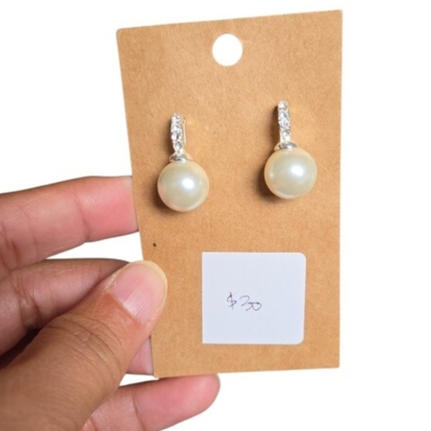 Vintage Silver Cream Classic Pearl Crystal Drop Post Earrings .75"